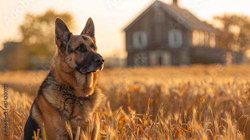 A German Shepherd guards a rustic farmhouse, set against a sprawling golden wheat field. The dog's loyal presence contrasts beautifully with the peaceful rural scenery.