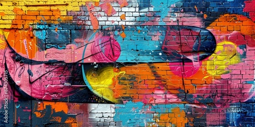 Colorful spray paint on brick wall.