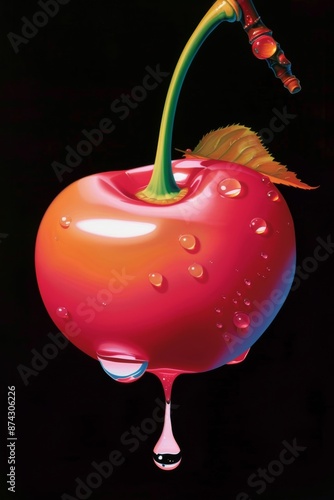 a photography of a pink cherry, hyperrealistic, with some imperfection on the surface, tiny water drop, lateral, made of gelly, cinematic pose, black background, minimal, film analog still, Kodak port
