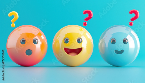 Three balls with smiley faces and question marks on them arranged on a blue background