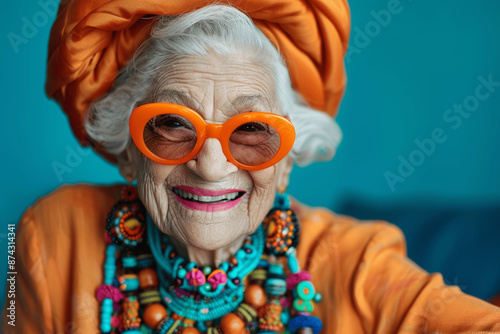 Joyful elderly woman in vibrant colorful clothing with bright orange sunglasses, laughing and smiling, playful granny posing in studio with extravagant style and trendy neon outfit