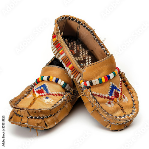 A pair of kids' moccasins in tan with a beaded design, isolated on white background