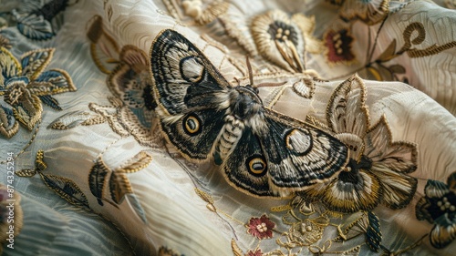 Moth with eye-like spots rests on embroidered fabric