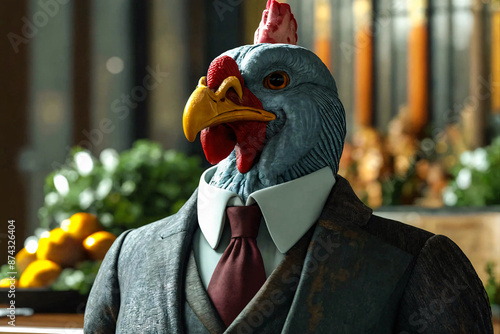 Pompous turkey in a business suit. Boss of company. Anthropomorphic bird director. Allegory, metaphor.