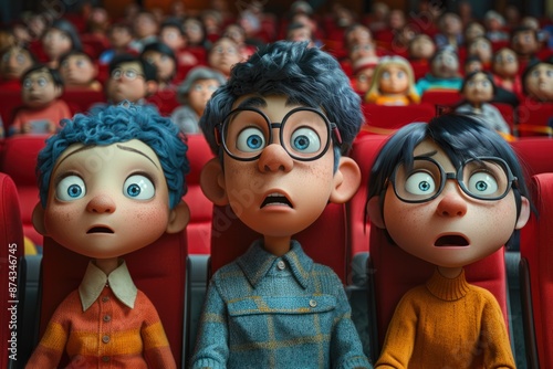 Three animated children, with wide, surprised eyes, watch a movie in a theater. They are seated in red, plush seats, seemingly engrossed in the film