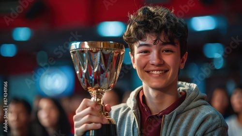 High school student holding a trophy after winning a competition, achievement concept, close up, victory theme, dynamic, composite, auditorium backdrop