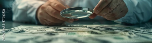 Factory worker examining banknotes under a magnifier, Realistic, Green and natural tones, Detailed magnifier and banknotes