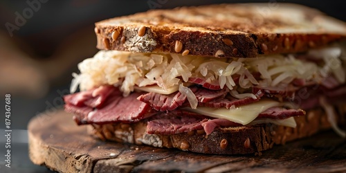 Closeup of Reuben sandwich with rye bread corned beef sauerkraut dressing cheese. Concept Food Photography, Close-up Shots, Sandwich Artistry, Delicious Reuben, Savory Ingredients