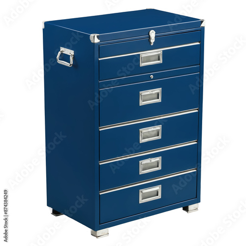 This sy metal chest is rectangular in shape and features multiple drawers and compartments for storage. The exterior is painted a deep blue color while the drawers are accented by.