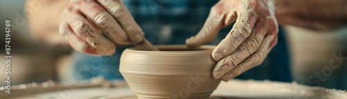 Closeup of hands molding clay in a pottery class, Realistic, Natural and earthy tones, Detailed hands and clay