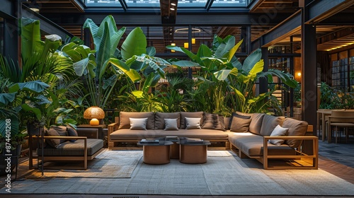 A vibrant lobby of a boutique hotel featuring lush, exotic plants and contemporary design elements, creating a welcoming and serene atmosphere.