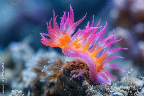 Bright pink and orange nudibranch on a reef, Marine creature, striking and poisonous