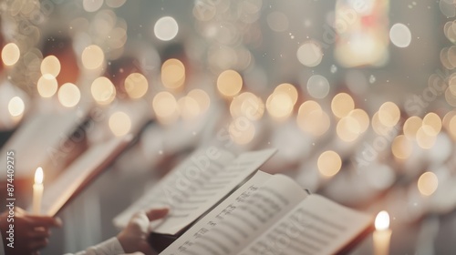 Choir singing hymns by candlelight during christmas service in church