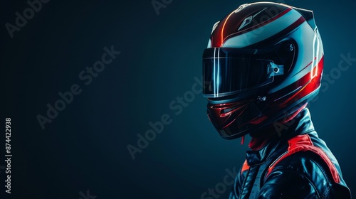 Professional male racer in racing suit and helmet, isolated on black background