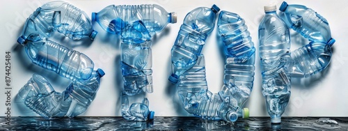 Plastic bottles forming the word "STOP" on a white background, highlighting environmental pollution and the call to reduce plastic waste. Concept of environmental awareness, pollution, and recycling. 