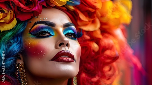 Elegant drag queen with colorful makeup in extravagant attire against vibrant floral background. Generative AI