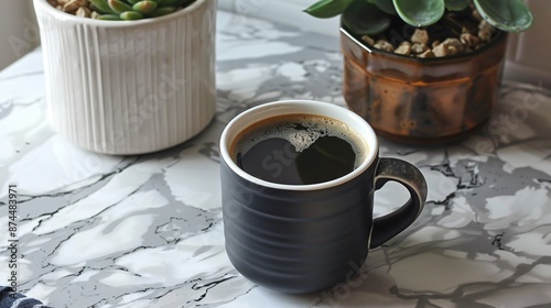 A cup of dark roast coffee in a matte black mug on a marble countertop, with a small pot of succulents nearby