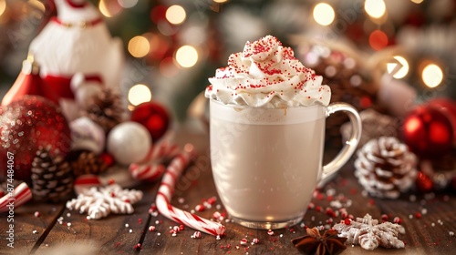 A festive holiday setup with a cup of peppermint mocha, topped with whipped cream and candy cane sprinkles, surrounded by holiday decorations