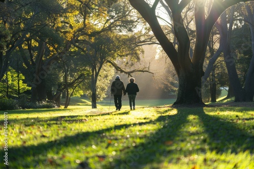 healthy aging - senior couple walking in the summer serene park, their silhouettes framed by soft morning light, embodying the active and vibrant lifestyle of age gracefully