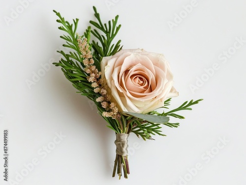 Grooms boutonniere with a single rose and greenery, isolated on a white background, showcasing the arrangement