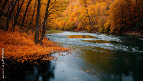 trees are turning colors in the fall along a river