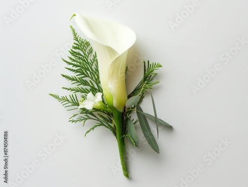 Grooms boutonniere with a calla lily and greenery, isolated on a white background, showcasing the arrangement