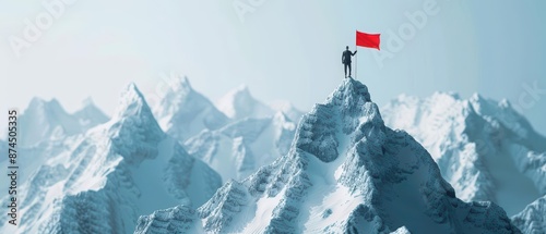 In a futuristic setting, a businessman celebrates victory on a mountain peak with a red flag with copy space