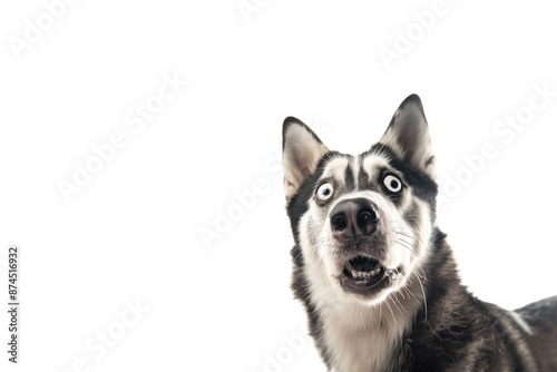 Extreme close up of funny shocked surprised husky dog with opened wide eyes on white background.