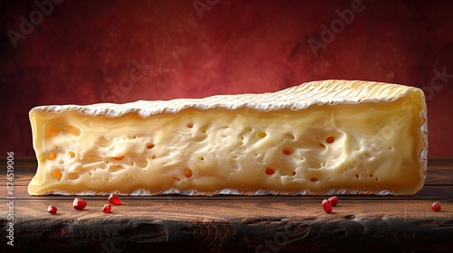  Cheese resting atop wood table; wine nearby in bottle & glass