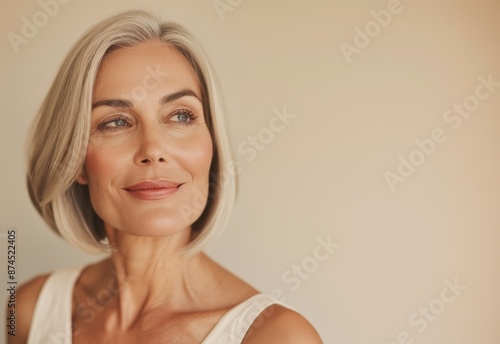 Elegant woman with bobbed gray hair and white blouse