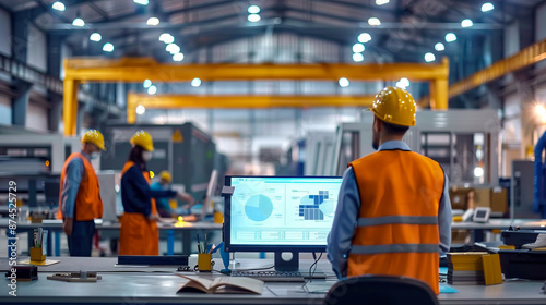 Industrial Factory Workers Using Computers for Data Analysis and Process Monitoring in Modern Manufacturing Facility