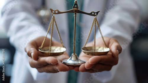 Doctor holding a balanced scale symbolizing justice and ethics in healthcare