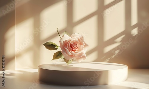 A round flat podium and rose, on an open and bright and white desktop, centred composition, the whole scene bathed in soft bright golden sunlight