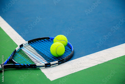 Tennis Racket and Balls on Court Line