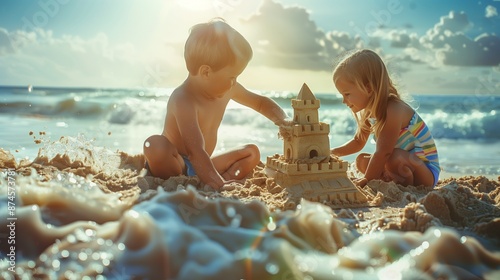 Boy and girl playing on the beach on summer holidays children building a sandcastle at the sea : generative ai. Beach. Ultra realistic. Photorealistic