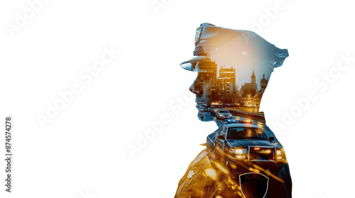 Caucasian police officer in profile with cityscape overlay with copy space