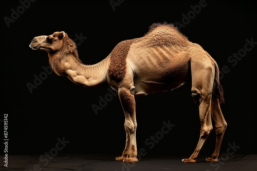 the beside view Dromedary Camel, left side view, white copy space on right, isolated on black background