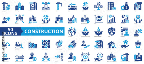 Construction icon collection set. Containing building, project, skyscraper, crane, build, equipment, prepared icon. Simple flat vector