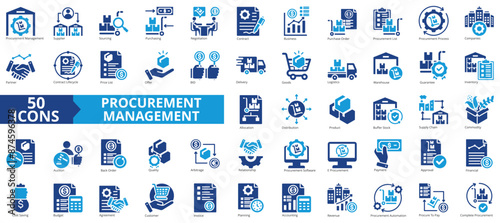 Procurement management icon collection set. Containing supplier, sourcing, purchasing, negotiation, contract, business, purchase order icon. Simple flat vector