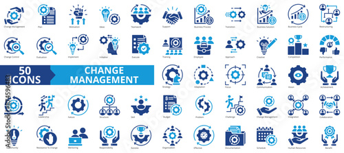 Change management icon collection set. Containing plan ,motivation ,idea, teamwork, support, business process, transition icon. Simple flat vector