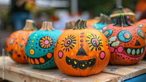 pumpkin art show, colorful pumpkin with creative design, in a painting contest exhibit at the fall festival