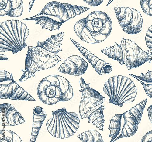 Seamless pattern with seashells. Hand drawn repeating template with sketches of sea creatures and shells of different shapes. Design element for printing. Line art vector illustration