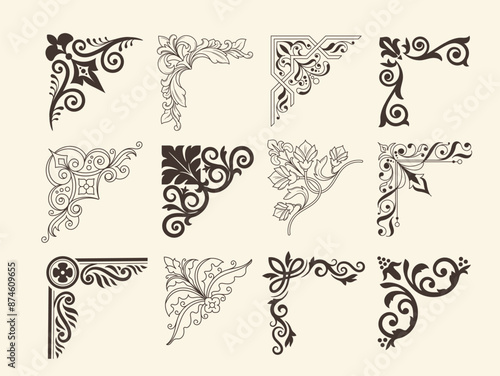 Set of vintage corners. Linear decorative retro borders in elegant medieval style. Abstract royal frames with ornament for decor. Hand drawn vector illustration collection isolated on background