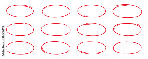 Red circle highlight, pen ovals doodle. Marker ellipses frames in sketch style. Hand drawn vector illustration isolated on white background