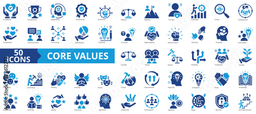 Core values icon collection set. Containing acceptance, achievement, adaptability, authenticity, autonomy, balance, badness icon. Simple flat vector.