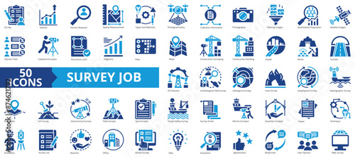 Survey job icon collection set. Containing statistic, measurement, information, methodology, construction, collection, opinion icon. Simple icon vector illustration.