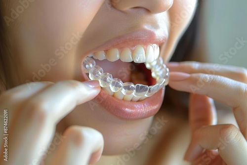 Woman inserting transparent invisible aligners to straighten crooked teeth for dental correction