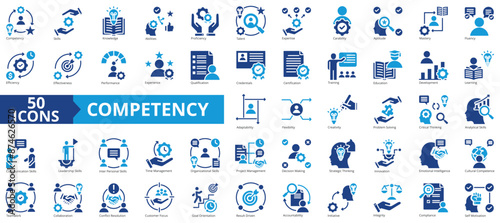 Competency icon collection set. Containing skills, knowledge, abilities, proficiency, talent, expertise, capability icon. Simple flat vector illustration.