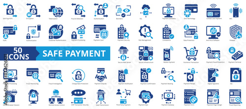 Safe payment icon collection set. Containing encryption, tokenization, fraud detection, authentication, biometric, ssl, payment gateway icon. Simple flat vector illustration.