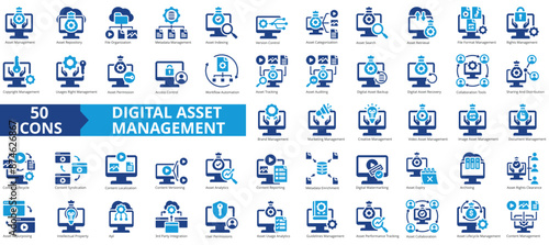 Digital asset management icon collection set. Containing repository, cloud file ,database ,indexing, version control, cms, content icon. Simple flat vector illustration.